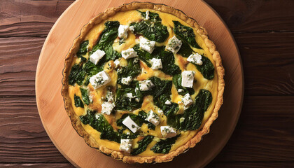 Baked homemade spinach and feta quiche on wooden board. Bakery product topped with savory cheese
