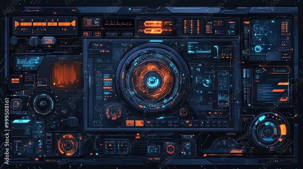 Aufkleber futuristic interface with multiple screens and glowing orange and blue lights.