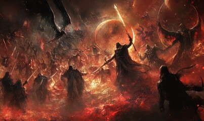 Fiery battle scene with cloaked figures.