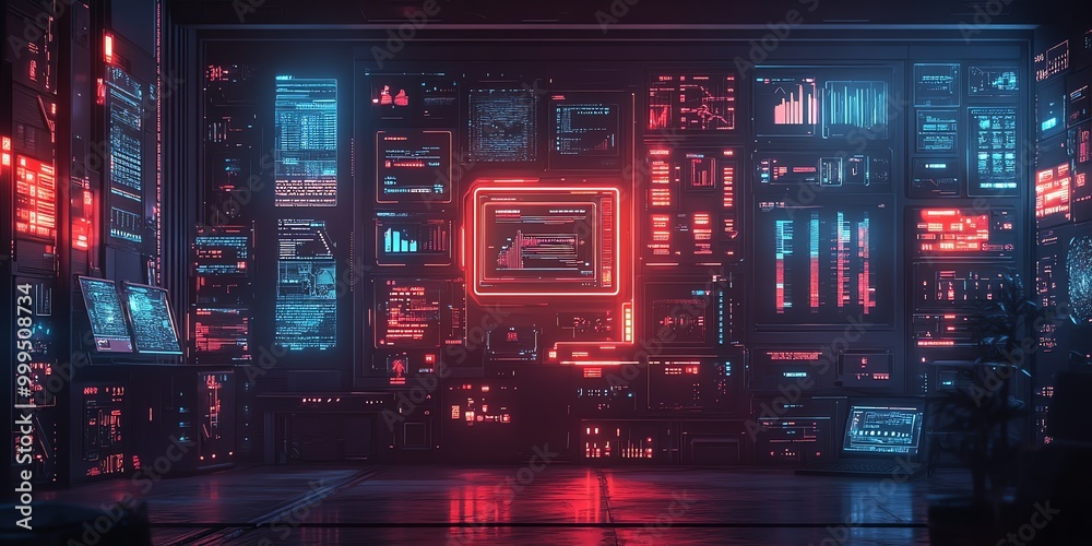Poster Futuristic room with glowing screens displaying data and graphs, illuminated in red and blue neon lights.