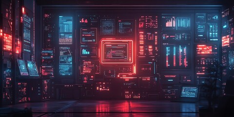Futuristic room with glowing screens displaying data and graphs, illuminated in red and blue neon lights.