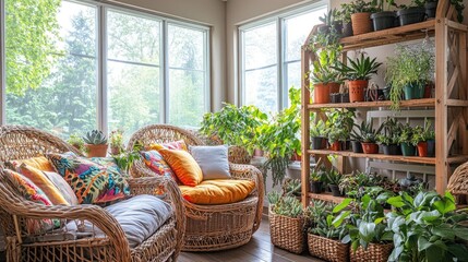 Fototapeta premium Inviting sunroom with wicker furniture