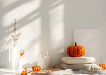 Fototapeta premium Cozy autumn interior ith pumpkin and candles. Fall aesthetic.