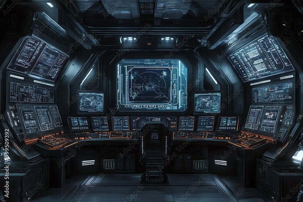 Poster Futuristic spaceship bridge with a large screen displaying a radar system and numerous smaller screens with technical data.