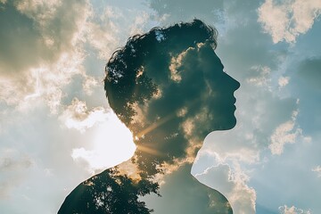 Double exposure with the sky and a silhouette, clouds and sunlight merging into a peaceful figure