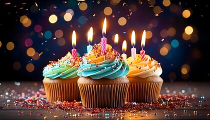 Birthday cupcakes topped with candles and confetti