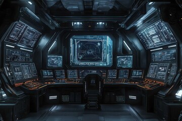 Futuristic spaceship bridge with a large screen displaying a radar system and numerous smaller screens with technical data.