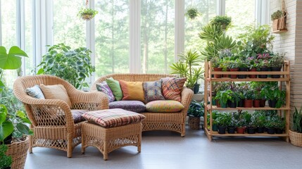 Inviting sunroom with wicker furniture