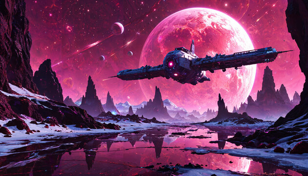 Vaisseau spatial sur une plan&egrave;te extraterrestre rose