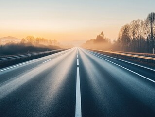 Highway at dawn, soft light illuminating the empty road, creating a peaceful and quiet scene