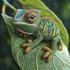 Fototapeta premium Chameleon on a green leaf surrounded by many leaves
