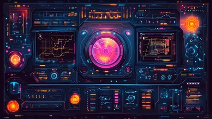 Futuristic technology interface with glowing neon displays, buttons, and screens.