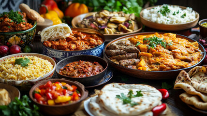 Obraz premium A vibrant spread of diverse dishes featuring grains, vegetables, and meats at a festive gathering