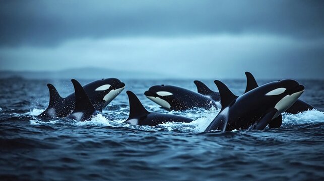 A pod of orcas breaching the surface of the ocean, with a stormy sky in the background.