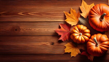 Fototapeta premium Autumn Harvest: Vibrant Pumpkins and Maple Leaves on Rustic Wood Background