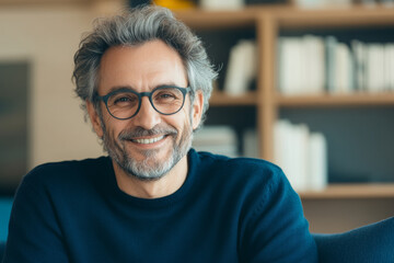 Obraz premium Close-up portrait of a handsome middle-aged man with glasses, smiling and looking at the camera, sitting on a sofa in living room with bookshelves at the blurred background.