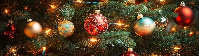 Fototapeta premium Colorful Christmas ornaments hanging on a lush green tree, creating a festive and cheerful holiday atmosphere.