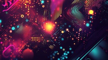 Abstract digital art with neon lights, lines, and circles in red, pink, yellow, blue, and white on a black background.