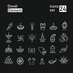Happy indian diwali festival with 24 line style icon vector illustration. perfect for collections of assets, logos, icons, etc