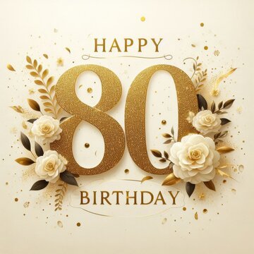 Elegant 80th birthday card design with gold lettering and floral accents.