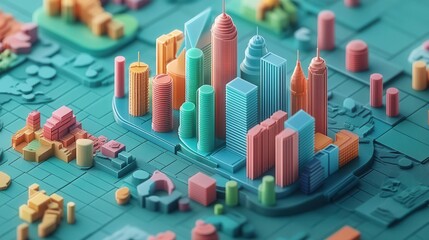 Colorful cityscape illustration showcasing modern architecture and vibrant urban design concepts.