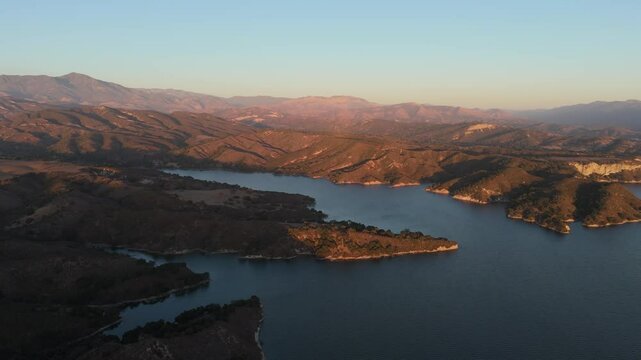 Arial view on Hill surrounded by the lake water, 4k, Nature, Landscape, California