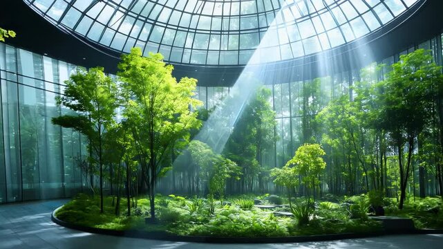 Circular glass dome enclosing lush green forest. Sunbeams pierce through transparent ceiling, illuminating vibrant foliage. Futuristic architecture seamlessly blends with natural elements. 