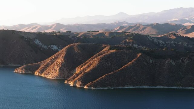 Arial view on Hill surrounded by the lake water, 4k, Nature, Landscape, California