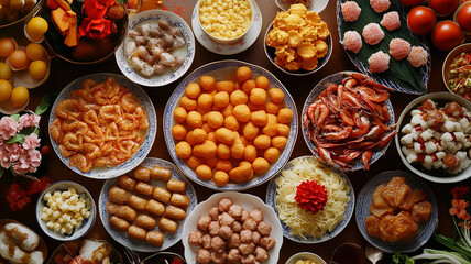 Colorful assortment of traditional festive foods arranged on a table for celebration