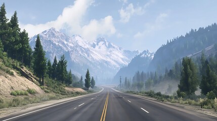 Fototapeta premium Mountain Road Through Foggy Forest