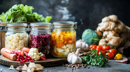 Colorful jars of fermented vegetables on a rustic wooden board with fresh produce in a kitchen