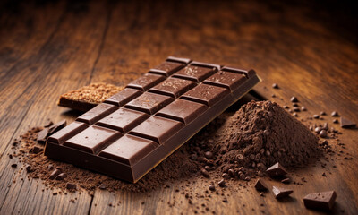 Broken dark chocolate bar and cocoa powder on a brown table