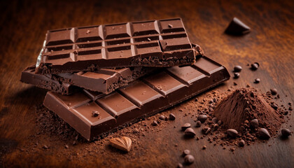 Broken dark chocolate bar and cocoa powder on a brown table