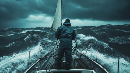 Fisherman on a Sailboat Navigating Through Rough Seas. The dark, stormy sky and choppy waves create an intense and challenging environment