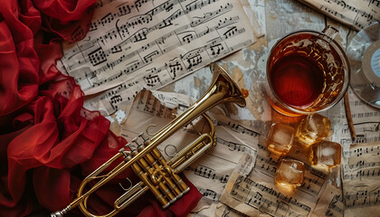 Naklejka premium top view of sheet music background with a trumpet, red dress, glass of whiskey with ice, old-style vinyl record