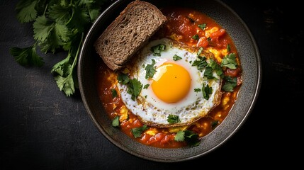 Top view of chakchouka with sunny side up egg in delicious tomato sauce with rye bread piece in bowl between fresh cilantro on dark background