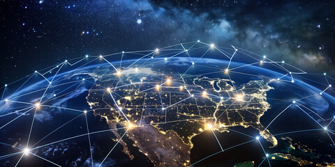 Internet telecommunication network. Global world network connected by nodes