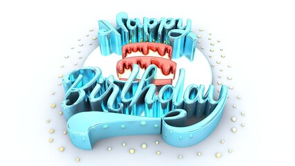A colorful 3D-rendered birthday cake with dripping icing, surrounded by "Happy Birthday" text in vibrant blue, creating a festive and cheerful design perfect for birthday celebrations.