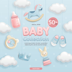 3d Baby and kid clothes and toy sale discount on blue background for the online post banner template, sales promotion, clearance store, social media, shop, poster, fair and expo. Vector illustration