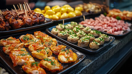 Delicious array of grilled meats and appetizers displayed at a bustling outdoor food market