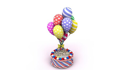A vibrant 3D-rendered birthday cake topped with colorful polka-dotted balloons, creating a festive and playful atmosphere, ideal for birthday party decorations or celebration graphics.