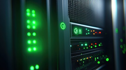 Fototapeta premium Close-Up of Modern Data Center Server Rack with Green LED Lights and Blurred Background