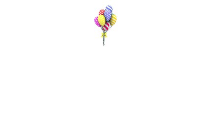A vibrant bunch of colorful, patterned balloons tied together with a yellow ribbon, set against a white background. The festive design creates a cheerful, playful atmosphere, ideal for celebrations.