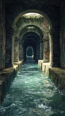 Fototapeta premium Ancient Stone Aqueduct with Flowing Water and Overgrown Vegetation in a Serene Setting