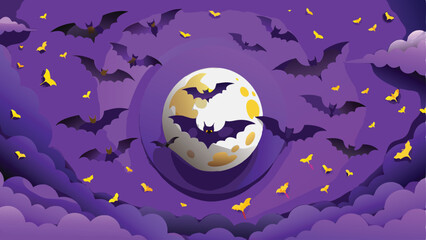 Fototapeta premium Print Flying Bats Silhouetted Against a Full Moon Halloween Background Vector Art Design