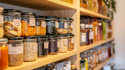 Fototapeta premium Well-organized pantry shelves filled with various jars of spices, grains, and condiments in daylight