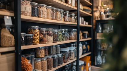 Various jars of spices and grains neatly organized on wooden shelves in a cozy shop setting
