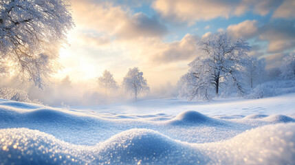 Obraz premium A serene winter landscape featuring snow-covered trees and a gentle glow from the sun peeking through clouds.