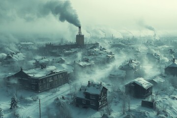 Fototapeta premium Aerial View of Industrial Town in Winter with Smoke Emissions and Snow-Covered Buildings