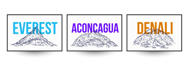 Set of mountain peaks in hand drawn monochrome style.Everest, aconcagua, denali. Vector illustration silhouettes terrain landscapes for branding print, banner, cover.